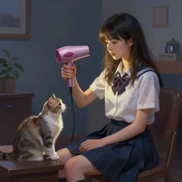 a digital painting of a girl playing with a cat in a comfort room at night ,geometric shapes,S line,hard edges,Visual Communication Design by mucha and wlop ,jk uniform ,Hairdryer