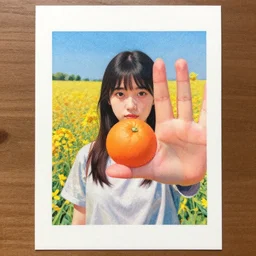by takashi murakami paper embossing, field of view forbidding. a collage of a young woman holding an orange