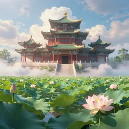 chinese ancient building, lotus blooming, waterlily pond, magnificent and fantastic john howe landscape, summer, clouds, fairy tale, light effect, super wide angle, greg rutkowski, unreal engine, james gurney, artstation