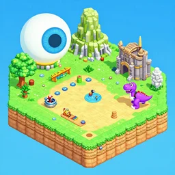 isometric aerial view of a new mario kart 64 level, featuring the eye of sauron, helm's deep, and barney the purple dinosaur