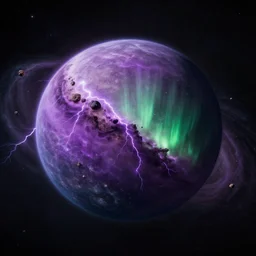 orbital photo of a new exoplanet nested within an asteroid belt nebula. purple and green lightning aurora upon it's surface. from the new sci - fi movie directed by denis villeneuve 4 k. cinema.