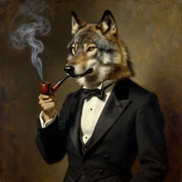 a portrait painting of an aristocratic wolf wearing a tuxedo and smoking an old pipe, by arthur rackham, trending on cgsociety, moody cinematic lighting