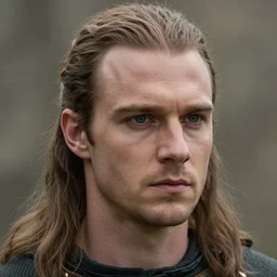 cinematic close up of a medieval commander his late twenties with long light brown hair tied back, a widows peak and a round face with high cheekbones in front of his army by greg rutowski, 4 k, masterpiece, sun rays