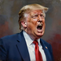 jon hale painting of a screaming enraged donald trump, graphic elements, motion blur, blurry, clumpy paint, visible paint textures, ominious