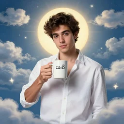 portrait of a ( ( ( una taza de cafe grande y blanca ) ) ), ( ( guapo joven caliente espanol roboto con camisa abierta ) ), nubes y magia, el sol, concept character, by greg rutowski and tezuka and oi and mucha and bierstadt and remington, trending on artstation