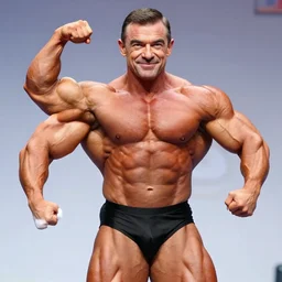 a photograph of mr. bean mr. bean as a bodybuilder in a bodybuilding competition, bodybuilder, hyper realistic, 4k, detailed