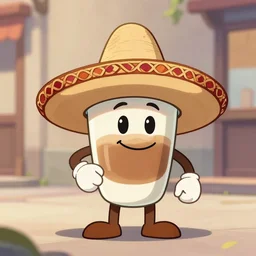 animated anthropomorphic coffee cup wearing a sombrero