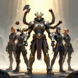 full body portrait of the six armed alien armor tinkerer npc in the light dimension from that one game