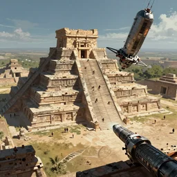view from spacecraft landing at an ancient Aztec temple. epic sci-fi fantasy artwork by Sylvain Lorgeou. Trending on artstation