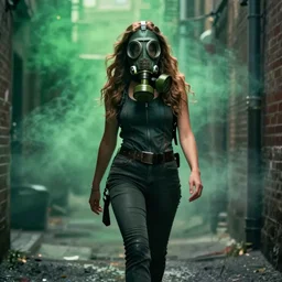 badass woman in a gas mask walking oh out of a green haze In an alley