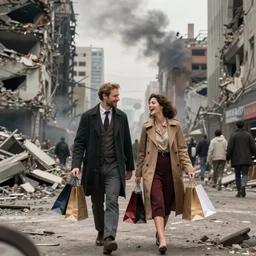 modern city destroyed by war in ruins with rich couple walking around with shopping bags laughing, color photograph very high detail