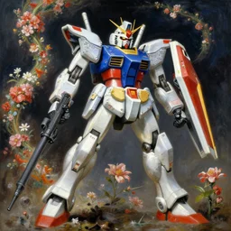 vitrified gundam, liquid metal, blooming flowers midair. highly detailed fantasy science fic tion painting by moebius, norman rockwell, frank frazetta, and syd mead. rich colors, high contrast. artstation