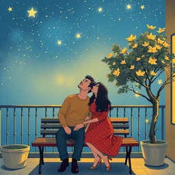 couple sitting on a bench looking up at the stars above. on balcony, tree nearby, happy, dreamy, blue and yellow, warm tones