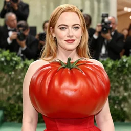 full portrait of emma stone dressed as a tomato, hyper detailed, award winning, met gala