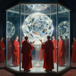 worshippers in red robes holding a very complex gigantic reflective glowing glass crystal tesseract orb violently illuminating a small glass room with glass windows, very bright white light, small room, glass room, glass, enlightening, high detailed beksinski painting, part by adrian ghenie and gerhard richter. masterpiece, deep colours, bright white