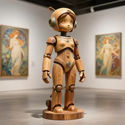 octane render ultra photorealistic hyper detailed, a very very cute wooden mystical statue robot of the roman godess natural, solarpunk trending on cgsociety, in a contemporary art gallery in neo tokyo artwork by alphonse mucha