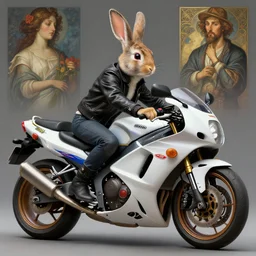 a bunny wearing a leather jacket, riding a suzuki dr 6 0 0 motorcycle, sporty, highly detailed, digital painting, artstation, concept art, matte, sharp focus, highly detailed, 4 k, hdr, smooth, sharp focus, high resolution, award - winning photo, photorealistic, art by artgerm and greg rutkowski and alphonse mucha, large shot