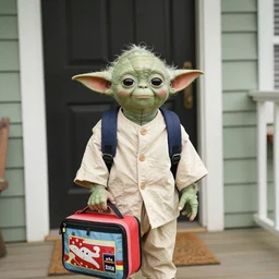 “yoda as a kid on his front porch, first day of school photo. He is holding a lunchbox.”