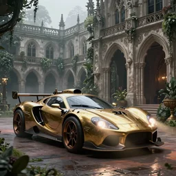 biomechanical steampunk vehicle reminiscent of fast sportscar with robotic parts and (glowing) headlights parked in ancient lush palace, gothic and baroque, brutalist architecture, ultradetailed, creepy ambiance, fog, artgerm, giger, Intricate by Ellen Jewett and Josan Gonzalez and Giuseppe Arcimboldo