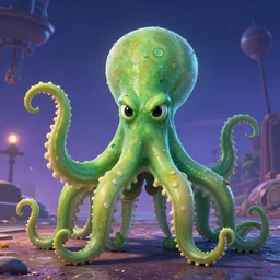 a movie poster for the film (green monster octopus) by Tom Whalen, pixar style highly detailed, artstation
