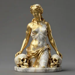 half gold half marble statue of a beautiful woman and a skull, trending on artstation