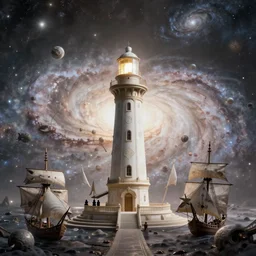 pirates sailing the lighthouse in the middle of the galaxy , wide angle shot, diffuse lighting, fantasy, intricate, elegant, highly detailed, lifelike, photorealistic, digital painting, illustration, concept art, smooth, sharp focus, A24!film cinematography