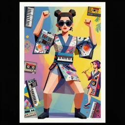 portrait of a lowpoly rave girl with musicassette sunglasses wearing kimono made of synthesizer dancing, surreal dada collage poster art by kurt schwitters james jean liam brazier victo ngai tristan eaton