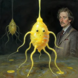 human amoeba by greg rutkowski and norman rockwell, opaque yellow liquid, tendrils, ooze