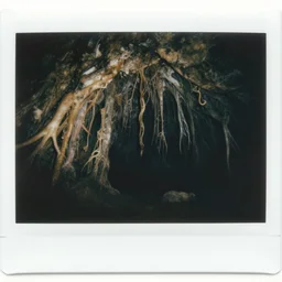 a dark cave with bronchiole - like flesh tubes protruding everywhere, bronchial forest, polaroid picture