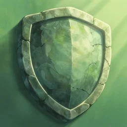 massive magical stone shield, in a gentle green dawn light, studio ghibli, clean cel shaded vector art, cinematic lighting, volumetric lighting, smooth, sharp focus, highly detailed, render in unreal engine 5, artstation, deviantart, behance, trending, epic composition, octane, light rays, award - winning
