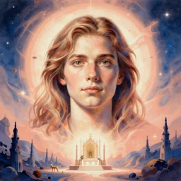 centered detailed portrait, space landscape with altar, art by jean giraud and moebius, volumetric, realistic, expressive emotions, illustration, peach and blue gradients