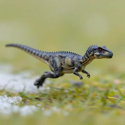 action photography, viewed from far away, award winning macro photo of a tiny gray intricate dinosaur running fast on a field of grass, snow, fast shutter speed, motion blur, tiny gaussian blur, highly detailed, highly intricate, depth of field, national geographic