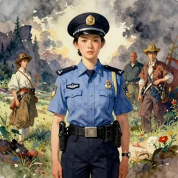female in police uniform. intricate, amazing composition, colorful watercolor, by ruan jia, by maxfield parrish, by marc simonetti, by hikari shimoda, by robert hubert, by zhang kechun, illustration, gloomy, volumetric lighting, fantasy