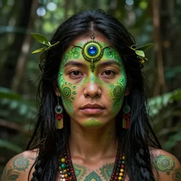 a beautiful indigenous female shaman with a third eye made of ayahuasca vines in the jungle, face painted in green, fractals, beautiful colors, matte painting, by christophe vacher