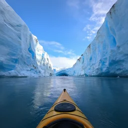 a wide angle photograph taken on a kayak of a river with blue skies ahead and very tall blue frozen glaciers on the sides, rowing out of a frozen ice cave