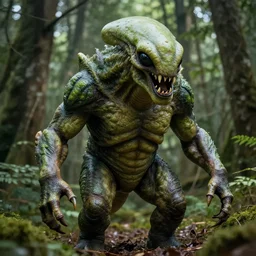 a realistic photo of a realistic monster, alien monster, green body, sharp teeth. The monster is in a forest.
