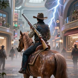 photo from behind of a cowboy, riding a magical horse, carrying a very detailed realistic gun, on a futuristic shopping mall, cinematic lightning, ray tracing, unreal engine 5, photorealistic, 8 k, uhd, 4 k, ghost recon breakpoint game concept, extremely detailed, beautiful, elegant, intricate, foggy, in - game footage