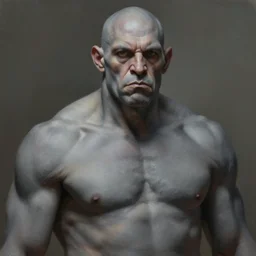 a highly detailed portrait painting of a goliath, muscular, bald, gray skin color, by greg rutkowski and alphonse mucha, sharp focus, matte, concept art, artstation, digital painting