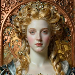 face centered portrait, artwork by james jean, hyperdetailed realistic smooth polished porcelain, beautiful young blonde french queen, jean delville, art nouveau, gustav klimt, ornate copper patina gothic icon, james jean, ultrasharp hyperdetailed photorealistic octane render
