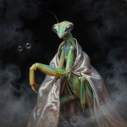 a baroque neoclassicist close - up portrait of a sci - fi alien mantis figure cloaked in silk with glowing bubbles. iridescent and reflective. foggy black background with dark puffy clouds. highly detailed science fiction painting by norman rockwell, frank frazetta, syd mead and moebius. rich colors, high contrast, gloomy atmosphere, dark background. trending on artstation.