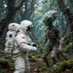 an astronaut meeting a strange figure, alien forest landscape, cinematic, establishing shot, motion blur, 4 k