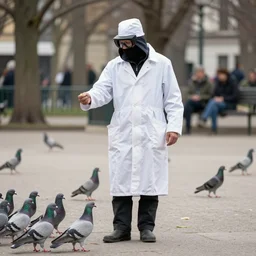 plague doctor in a park feeding pigeons