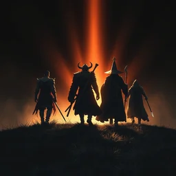 a demon a knight a samurai and a wizard walking away from the camera over a hill, depth of field, perspective, backlight, rays of shimmering light, visual novel, tones of black, low contrast color, high contrast light