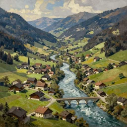 High-Quality realist painting of a traditional Swiss village in a valley separated by a river crossed by a medieval bridge by Gustave Courbet, aerial view, peaceful, very detailed, oil on canvas.