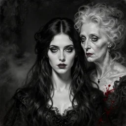 highly detailed oil painting | very intricate | cinematic lighting | black, white and blood color scheme, dark background | portrait of a exquisite beautiful vampire girl and old woman with long elegant tangles of black hair, eyes, gothic fog ambience, hyper realistic head, fantasy victorian art, in the style of greg rutkowski, zdizslaw beksinski, intricate, alphonse mucha