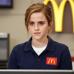 emma watson as a mcdonald ’ s cashier, portrait, close up, shallow depth of field, award winning,
