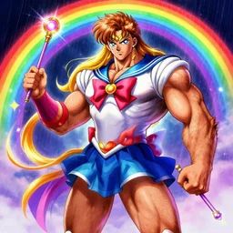 crossdressing magical man in anime style, colorful dress, transformation, holding wands, illustration, very hairy, muscular, male, body builder, digital painting, artstation, simon stalenhag, epic, stunning, rainbows, sailor moon, hdr, highly detailed