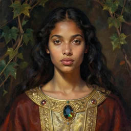 detailed portrait in femininity, cosmopolitan priestess, realistic face chiseled features, specular eyes, ethnic, statuesque model, natural skin, lush hair, regal jacket, warm glow, subsurface scattering, jewel, asymmetrical, chiaroscuro, organic impressionism, vine backdrop, deep rich color, digital illustration