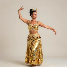 realistic detailed dramatic symmetrical portrait of Jennifer Lawrence as Salome dancing, wearing an elaborate jeweled gown, by Frida Kahlo, gilded details, intricate spirals, coiled realistic serpents, Neo-Gothic, gothic, Art Nouveau, ornate medieval religious icon, long dark flowing hair spreading around her