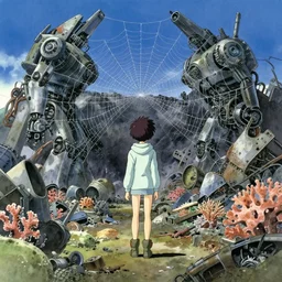 anime movie scene, mamoru oshii, otomo, ultra wide, vanishing point, hoody woman explorer, watercolor, empty, spiderwebs, robot scrapyard, coral reef, flowers, billboards, sun beam, dusty volumetric lighting, rim light, paper texture, puddles, deserted shinjuku junk, brutalist, telephone pole, yellow, red